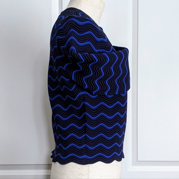 Milly Pullover Crop Mid-Weight Textured Wave Knit Scallop Trim Navy Cobalt M NWT - Picture 6 of 15